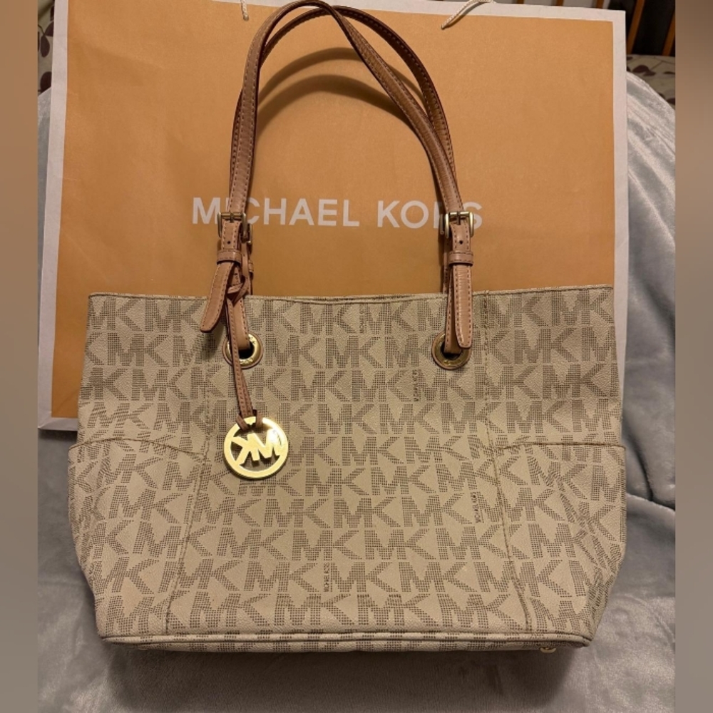 Authentic Michael Kors Beige MK Logo Tote Bag